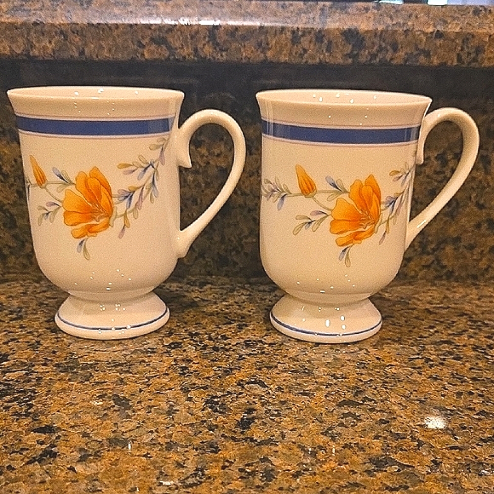 Princess House Exclusive Elegant Floral Mugs - White with Blue and Yellow Design